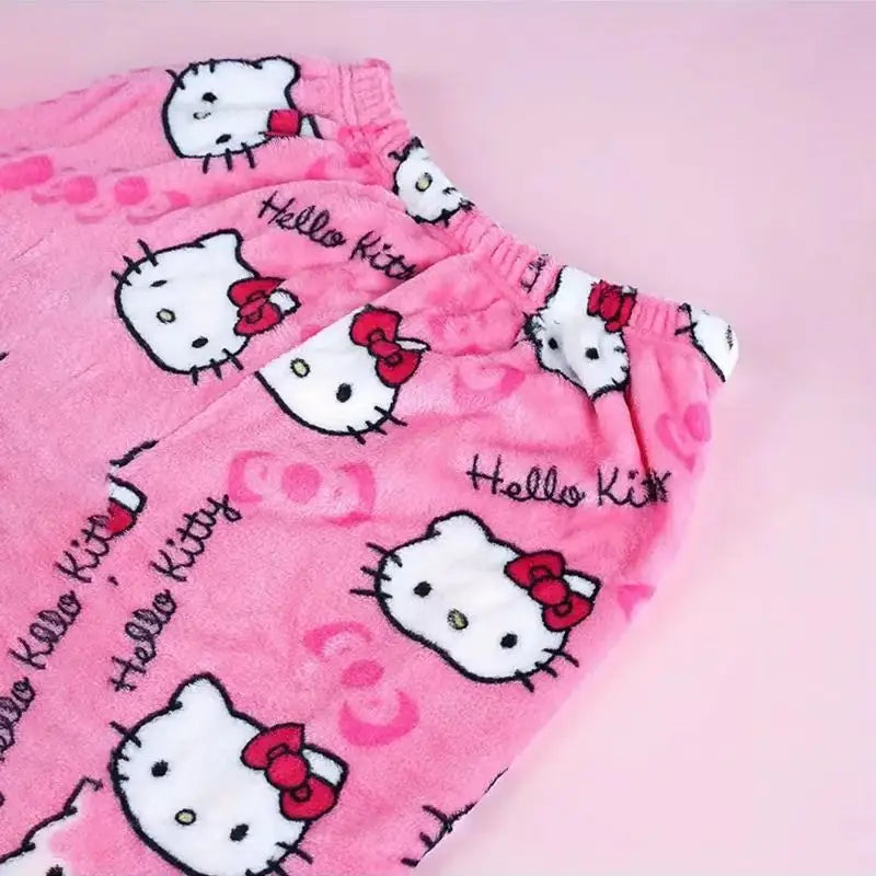 Sanrio Hello Kitty Y2k Kawaii Anime Flannel Pajamas Women'S Warm Woolen Cartoon Casual Home Pants Autumn Winter Fashion Trousers