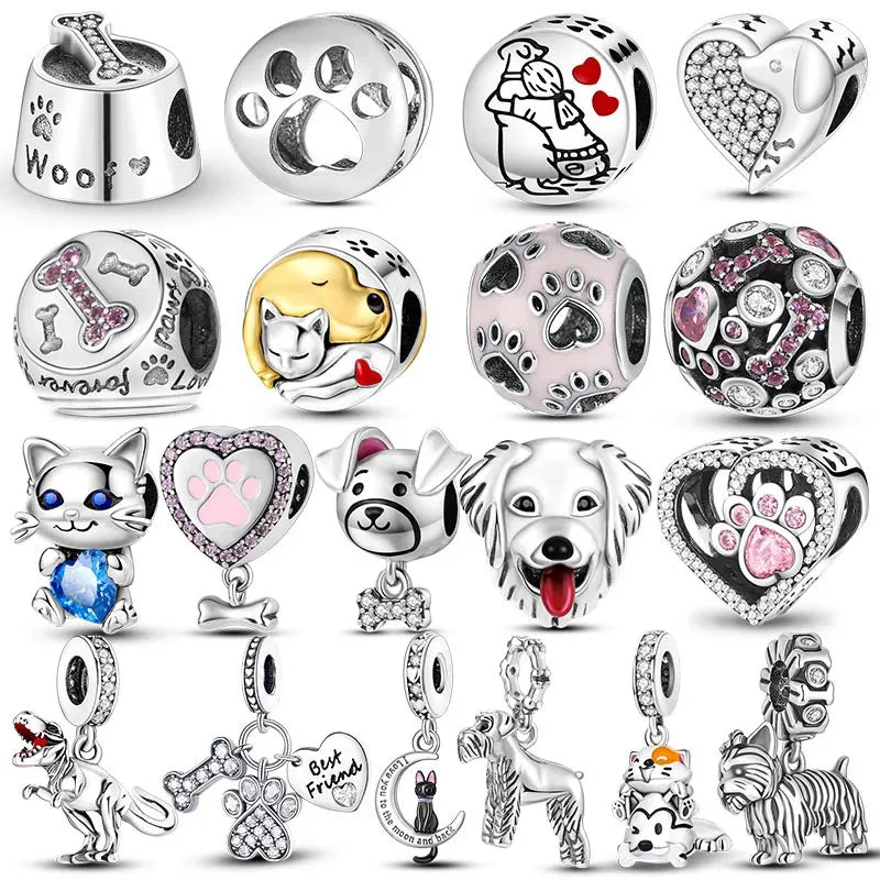 Dog Pet Charms 925 Silver Doggy Paw French Bulldog Bones Beads fit Original Bracelet DIY Fine Jewelry