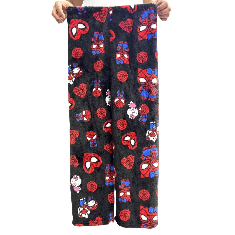 Sanrio Hello Kitty Pajamas Spider-Man Flannel Fashion Trouserswomen Kawaii Woolen AnimeCartoon Casual Home Pants Winter Clothing