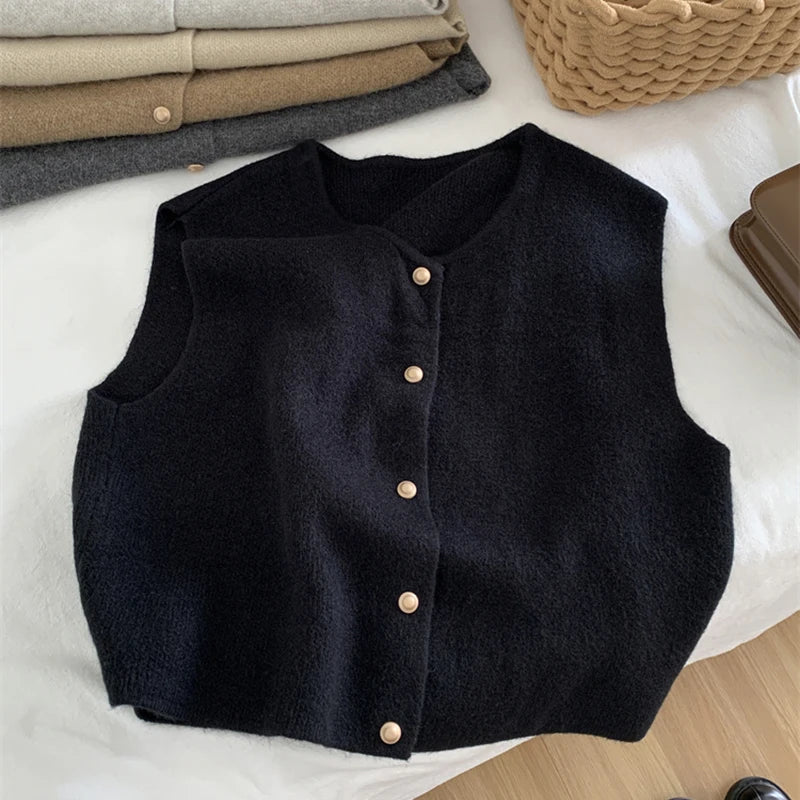 Autumn New Women Cardigan Korean Elegant Knitted Sleeveless Female Casual Sweater Tanks Fashion New Slim Ladies Casual Tops