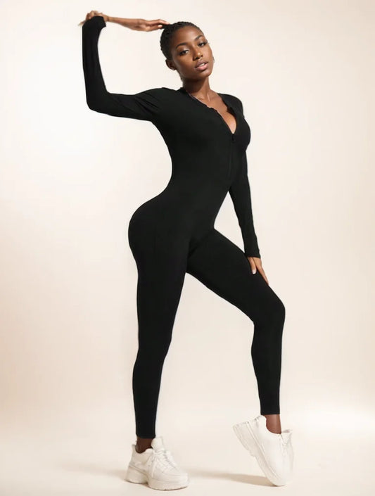 Fall new hot sale sexy bodysuit for women solid color ribbed long sleeve zipper bodycon sporty clothing rompers women's jumpsuit