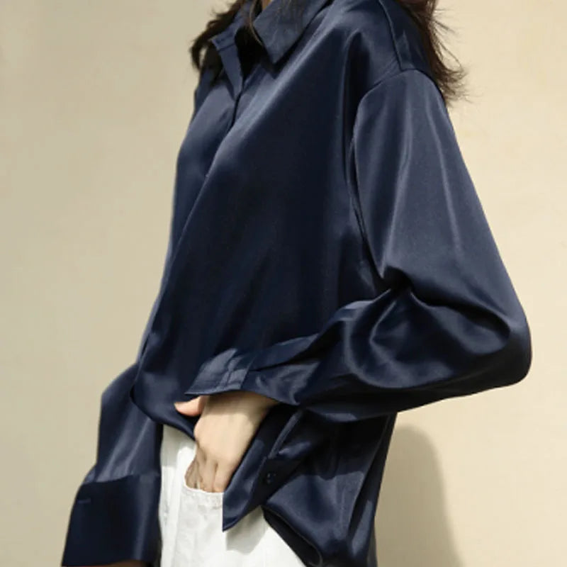 Elegant Satin Loose Women Shirt Spring Turn-down Collar Ladies Blouse Autumn Vintage Casual Button Silk Tops