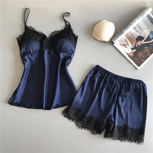 Suspenders pajama Women's Summer Sexy Ice Silk Lace Two Piece Set Home Clothes Thin Shorts V-neck Suspenders