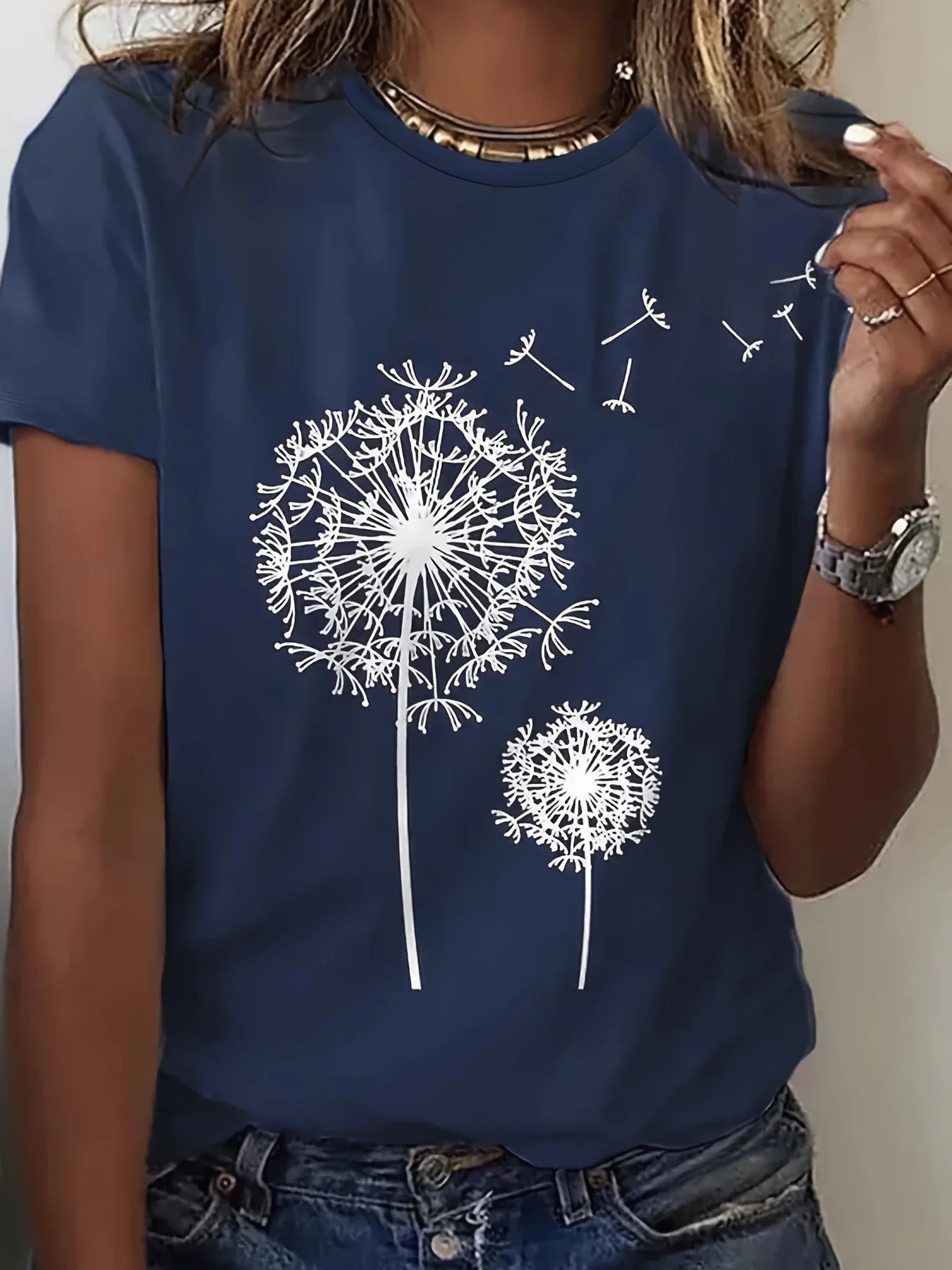 Dandelion Print Crew Neck T-Shirt, Casual Short Sleeve Top For Spring & Summer, Women's Clothing