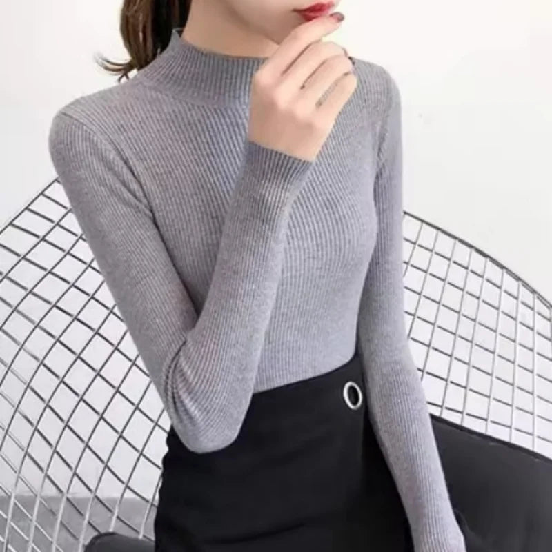 Autumn Winter Mock Neck Women Sweater Vintage Basic Solid Knitted Tops Casual Slim Pullover Korean Sweaters Simple Chic Jumpers