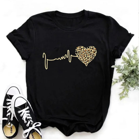 Hot New 90 's Leopard Heartbeat Print T-Shirt Women Summer Causal Clothing Womens T-Shirt Summer Harajuku Short Sleeve Tops Tees