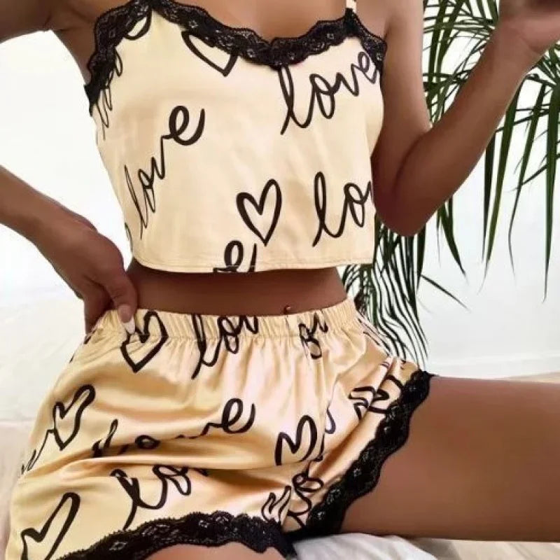 Two piece set of women's pajamas shorts set home clothes printed underwear sexy underwear imitation silk pajamas for women