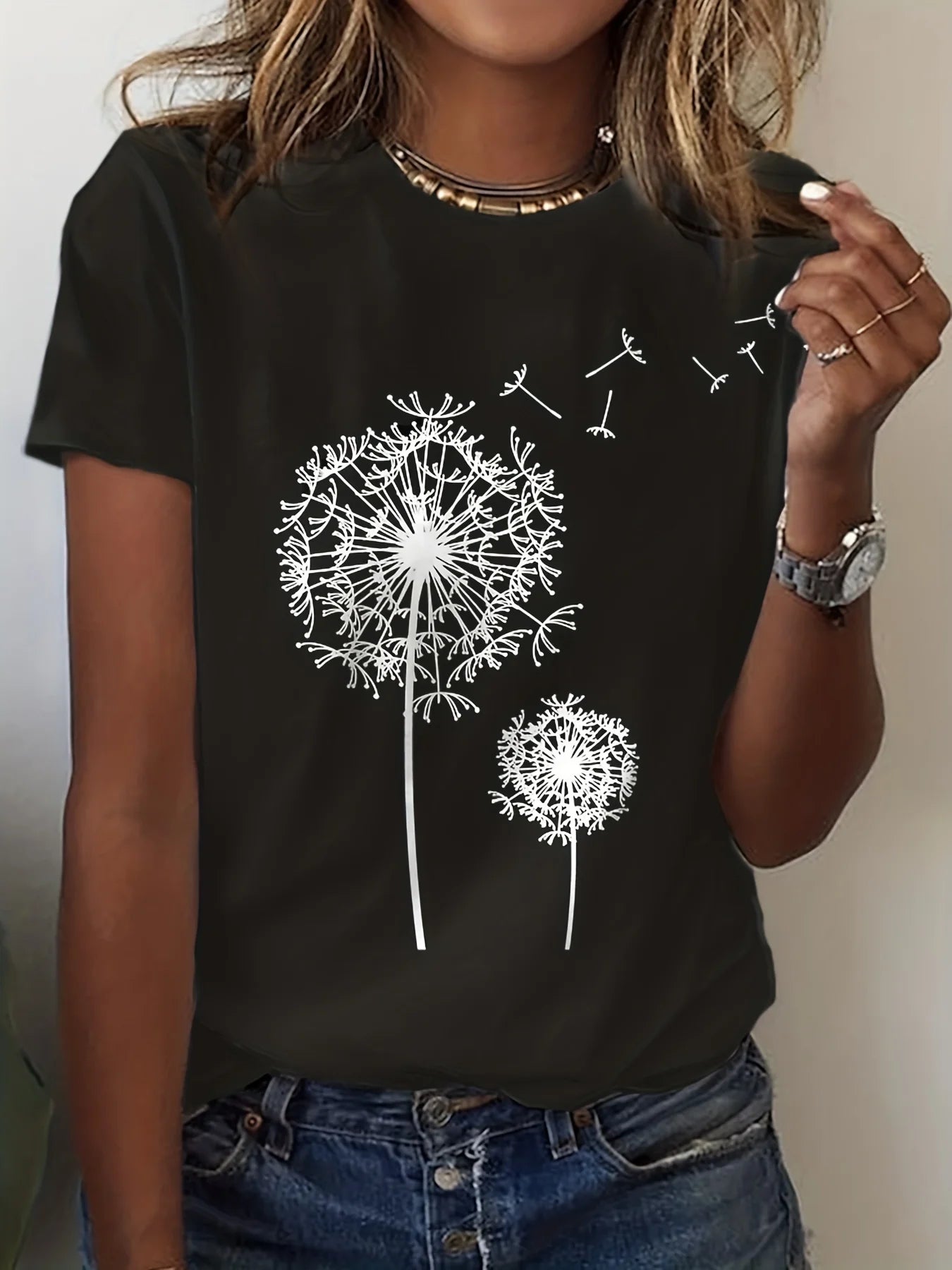 Dandelion Print Crew Neck T-Shirt, Casual Short Sleeve Top For Spring & Summer, Women's Clothing