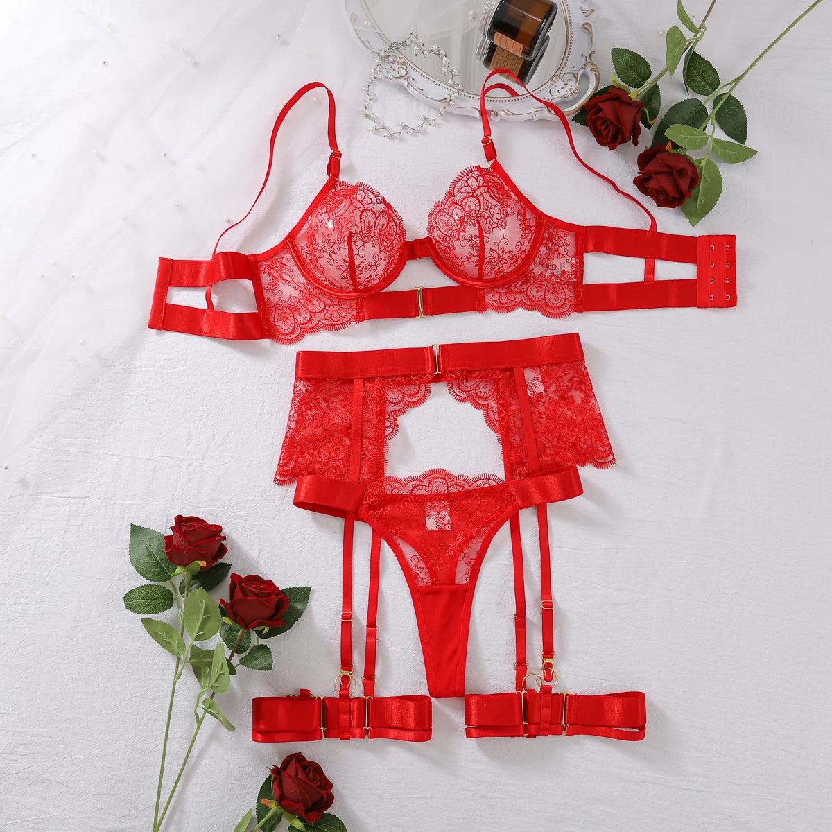 2024 New Erotic Set See-Through Embroidered Sexy Eyelash Lace Body Shaping Lingerie Four-Piece Set Women Onlyfan