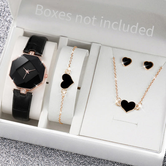 5PCS/Set Women's Watch Fashion Leather Band Analog Quartz Watches Heart Jewelry Set(Without Box)