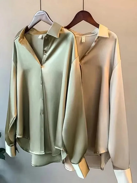 Elegant Satin Loose Women Shirt Spring Turn-down Collar Ladies Blouse Autumn Vintage Casual Button Silk Tops