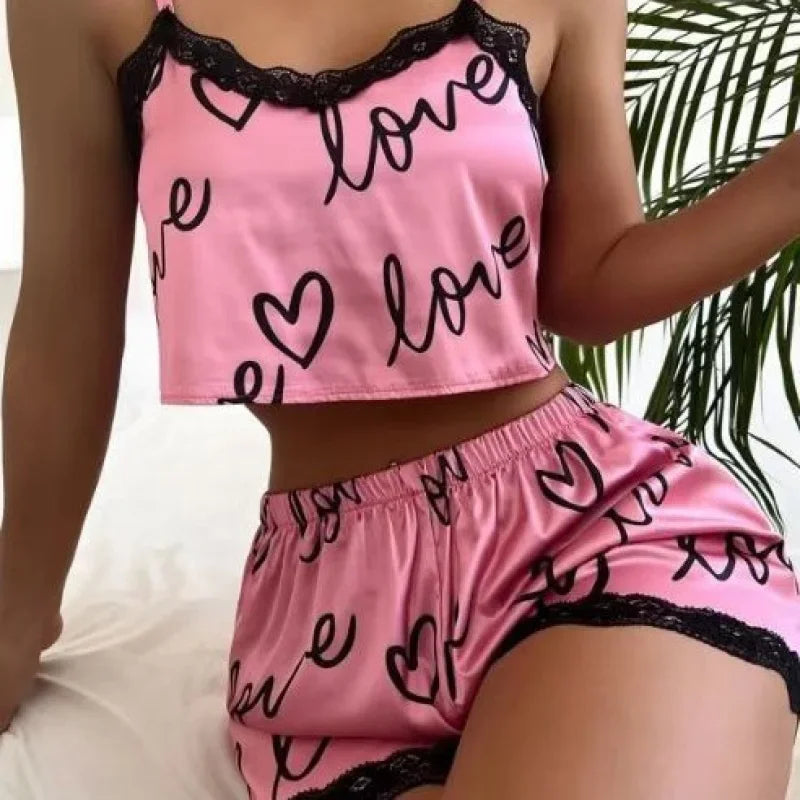 Two piece set of women's pajamas shorts set home clothes printed underwear sexy underwear imitation silk pajamas for women