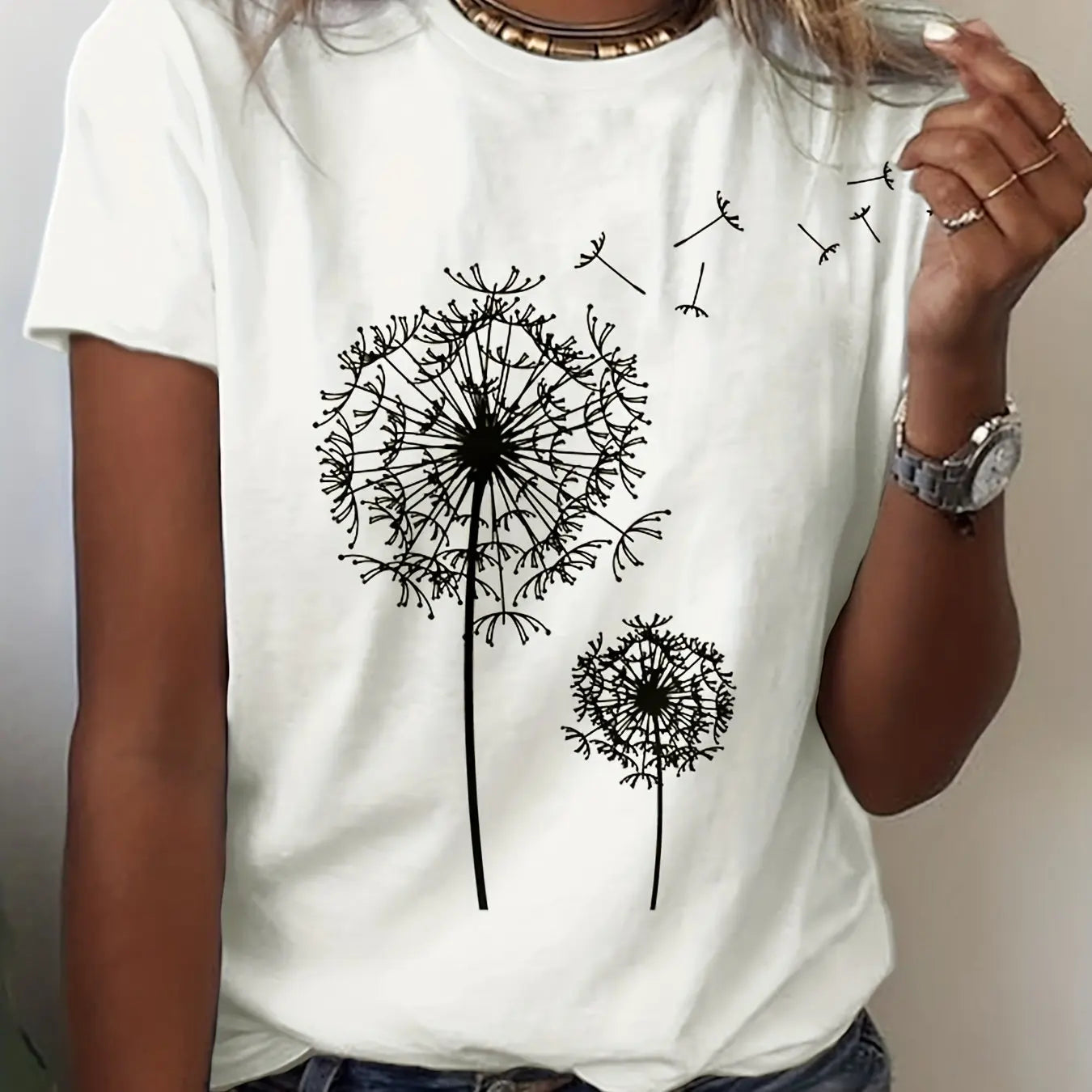 Dandelion Print Crew Neck T-Shirt, Casual Short Sleeve Top For Spring & Summer, Women's Clothing