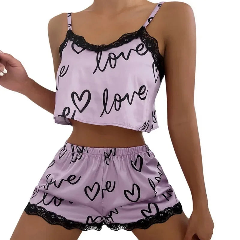 Two piece set of women's pajamas shorts set home clothes printed underwear sexy underwear imitation silk pajamas for women