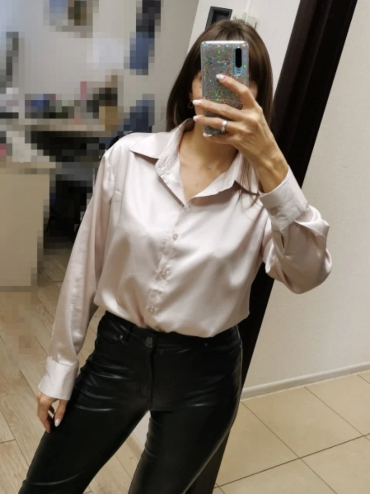 Elegant Satin Loose Women Shirt Spring Turn-down Collar Ladies Blouse Autumn Vintage Casual Button Silk Tops