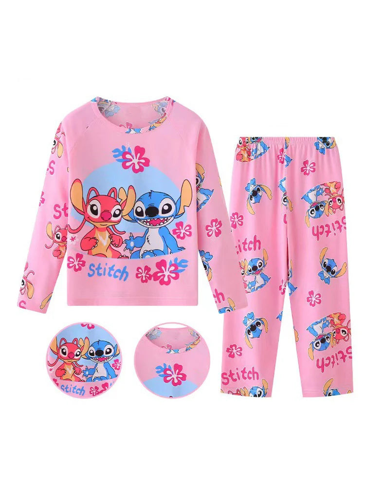 New Spring Children's Clothing Sets Stitch Angel Boy Sleepwear Long sleeved pants Clothes Kids Pajamas Set Baby Girls Pyjamas