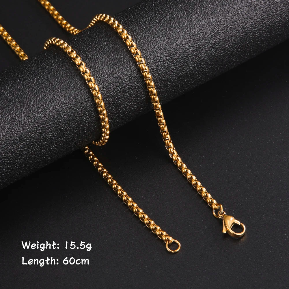 Skyrim Fashion 60cm Long Box Chain Necklace Men Stainless Steel Black Gold Color Link Chains Basic Punk Jewelry Wholesale