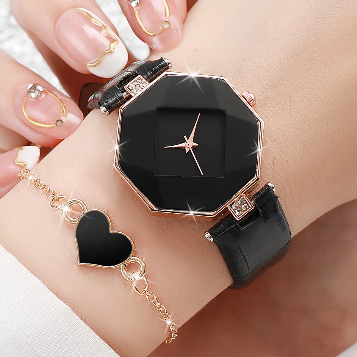 5PCS/Set Women's Watch Fashion Leather Band Analog Quartz Watches Heart Jewelry Set(Without Box)