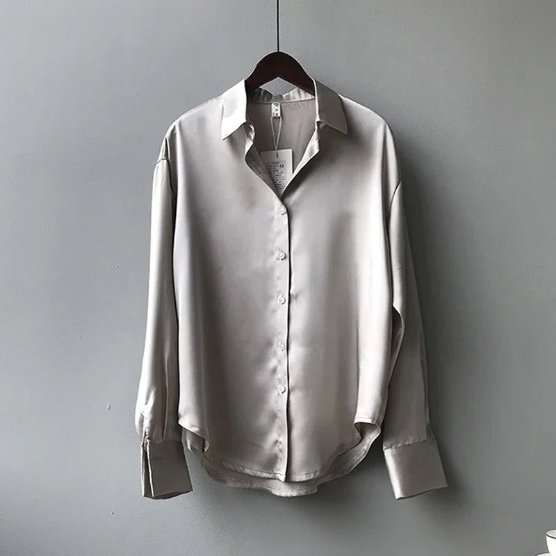 Elegant Satin Loose Women Shirt Spring Turn-down Collar Ladies Blouse Autumn Vintage Casual Button Silk Tops