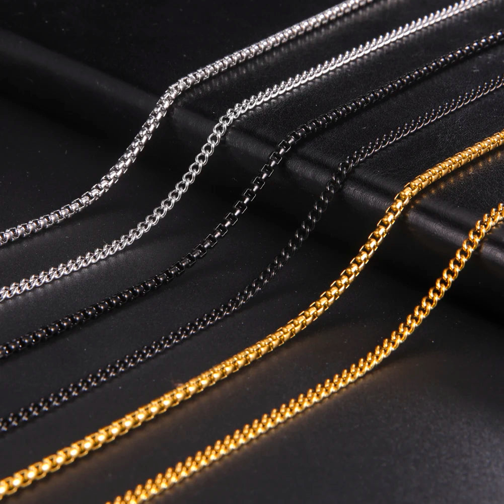 Skyrim Fashion 60cm Long Box Chain Necklace Men Stainless Steel Black Gold Color Link Chains Basic Punk Jewelry Wholesale