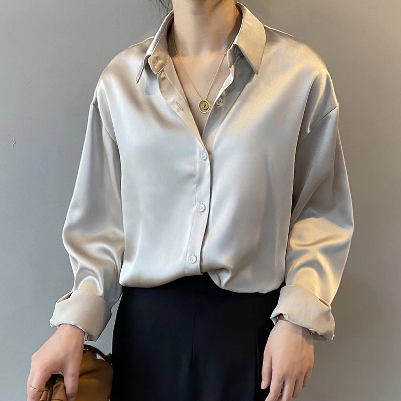 Elegant Satin Loose Women Shirt Spring Turn-down Collar Ladies Blouse Autumn Vintage Casual Button Silk Tops