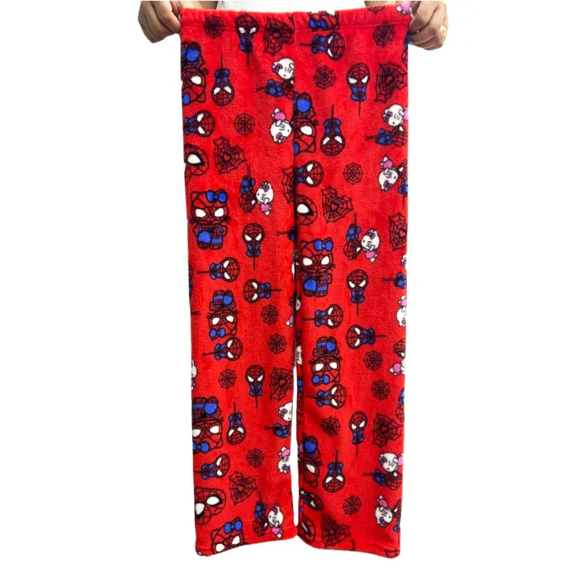 Sanrio Hello Kitty Pajamas Spider-Man Flannel Fashion Trouserswomen Kawaii Woolen AnimeCartoon Casual Home Pants Winter Clothing